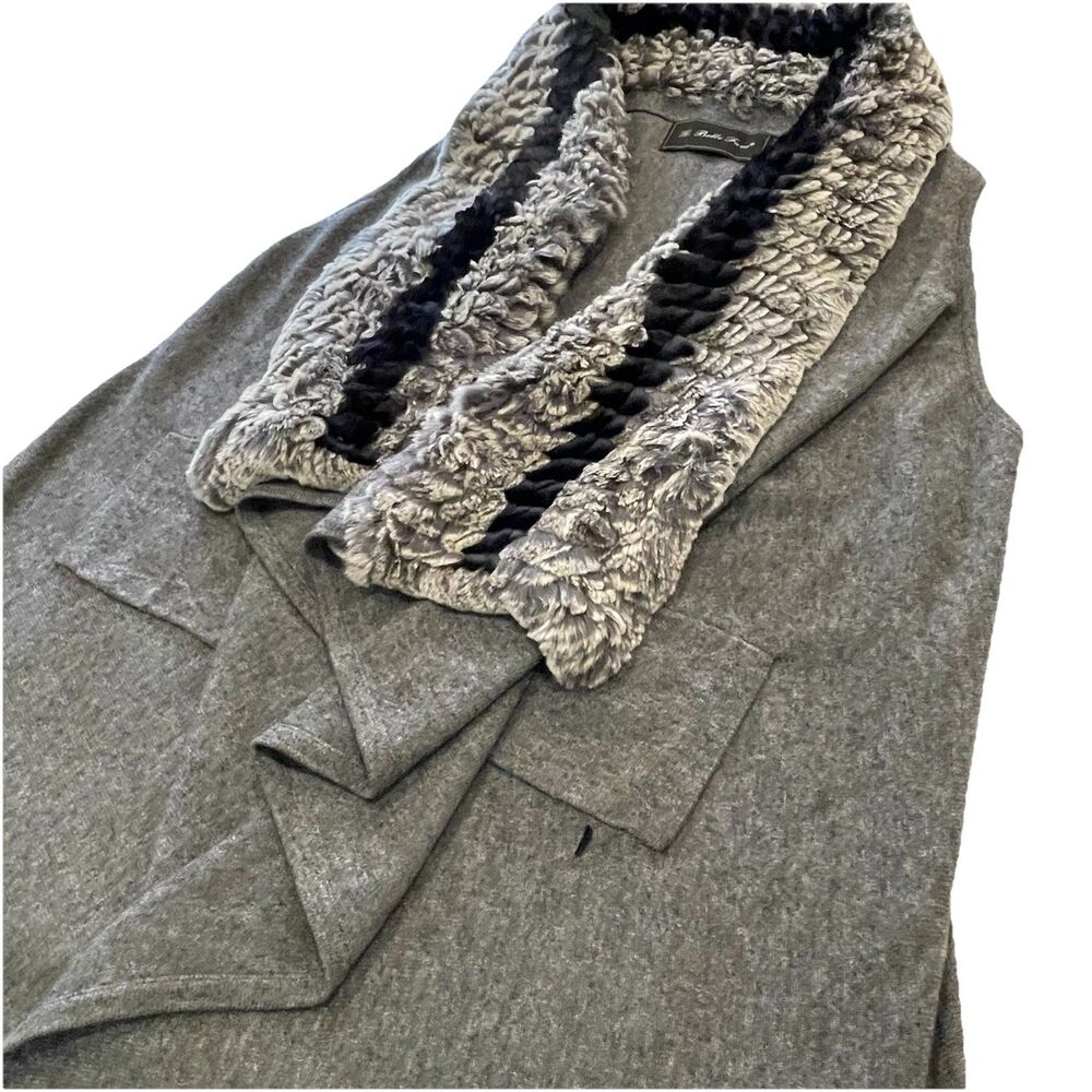 Belle Fare Wool Vest Luxury Faux Fur Trim Gray- M